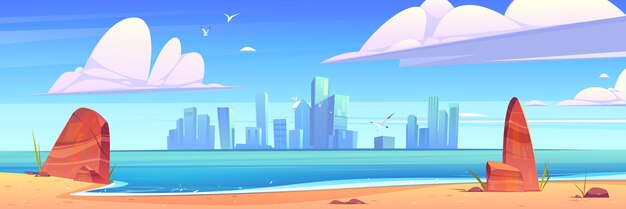 Skyline-Architektur der Stadt mit Blick auf die Bucht am Wasser vom Meeresstrand. Moderne Megapolis mit Wolkenkratzergebäuden an der blauen Wasseroberfläche unter bewölktem Himmel mit fliegenden Vögeln, Cartoon-Vektor-Illustration