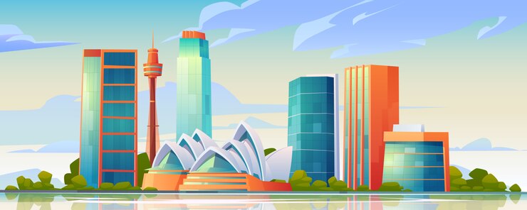 Kostenlose Vektor skyline von sydney, australien mit opernhausbanner