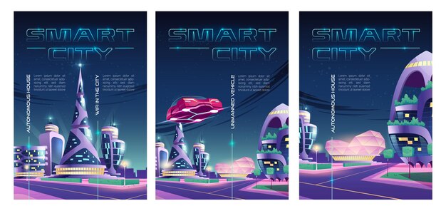 Smart City Poster mit Nachtstadt mit Wolkenkratzern, futuristischen Gebäuden und Auto.