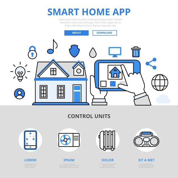 Smart Home App mobile Anwendung verwalten Sensor Lichttemperatur Heizwasser Konzept flache Linie Stil.