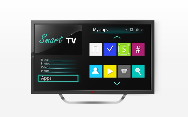 Kostenlose Vektor smart-tv-menü auf lcd-bildschirm. mock-up von plasma-fernseher mit programm