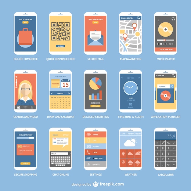 Kostenloser Vektor smartphone-apps sammlung