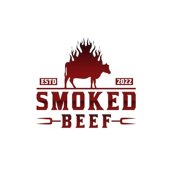Smoke grilled beef cow angus burning angus silhouette cow mit fire flame vintage logo design