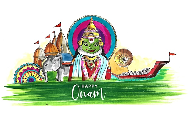 Snakeboat-rennen im onam-feierhintergrund für kathakali-gesichtshintergrund