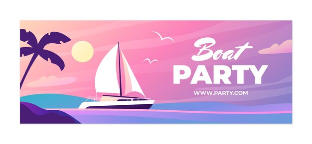Social-Media-Cover-Vorlage für Gradienten-Bootspartys mit Boot auf dem Wasser bei Sonnenuntergang