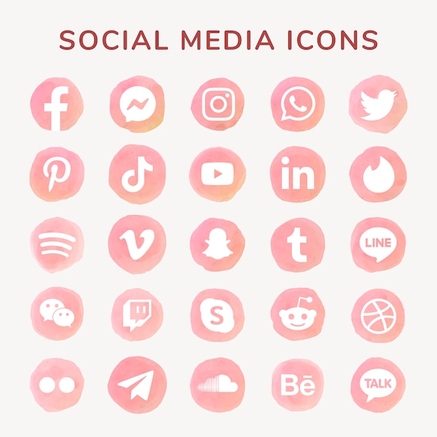 Kostenloser Vektor social media icons vector set aquarell mit facebook, instagram, twitter, tiktok, youtube etc