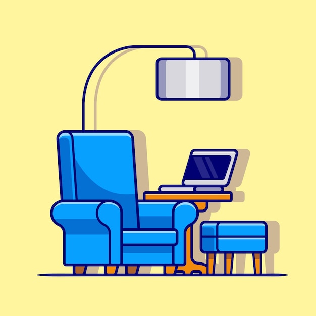 Kostenloser Vektor sofa-stuhl mit tisch- und laptop-karikatur-vektor-symbol-illustration. technologie indoor-symbol-konzept isoliert premium-vektor. flacher cartoon-stil