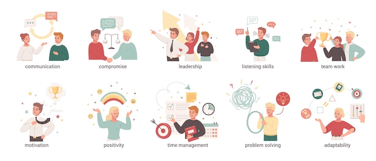 Kostenlose Vektor soft skills cartoon satz von kommunikation kompromiss anpassungsfähigkeit motivation führung positivität problemlösung teamarbeit flache kompositionen isolierte vektorillustration