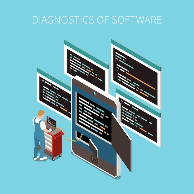 Softwarediagnosekonzept mit isometrischen programmiercodesymbolen