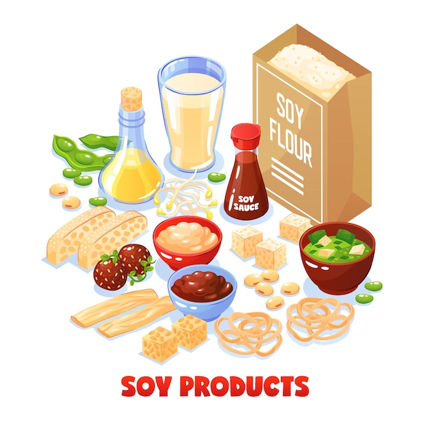 Sojaprodukt-Konzeptsatz des Pakets mit Sojamehl und Tellern von der Sojabohnenkarikatur