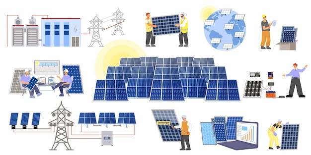 Kostenloser Vektor solaranlagensatz von isolierten symbolen mit flachen bildern von stromleitungen reihen von photovoltaikmodulen vektorillustration