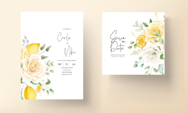 Sommer aquarell blumen mit botanischen zitronenfrüchten hochzeitskartenset