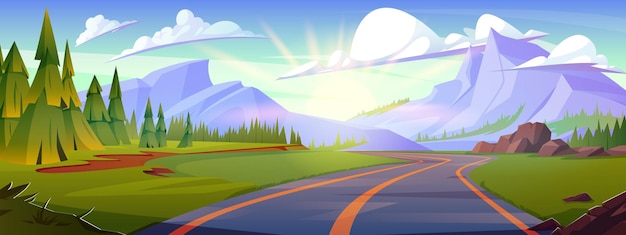 Kostenloser Vektor sommer-gebirgslandschaft karikatur-vektor-hintergrund autobahn im kiefernwald zum reisen sonniger urlaubspfad zu den alpen schöne außenumgebung sonnenstrahl und wolken im himmel reise route szene