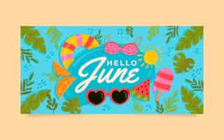 Kostenloser Vektor sommer handgezeichnetes flaches hallo-juni-banner