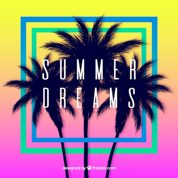 Sommer hintergrund mit palmen silhouette und sonnenuntergang
