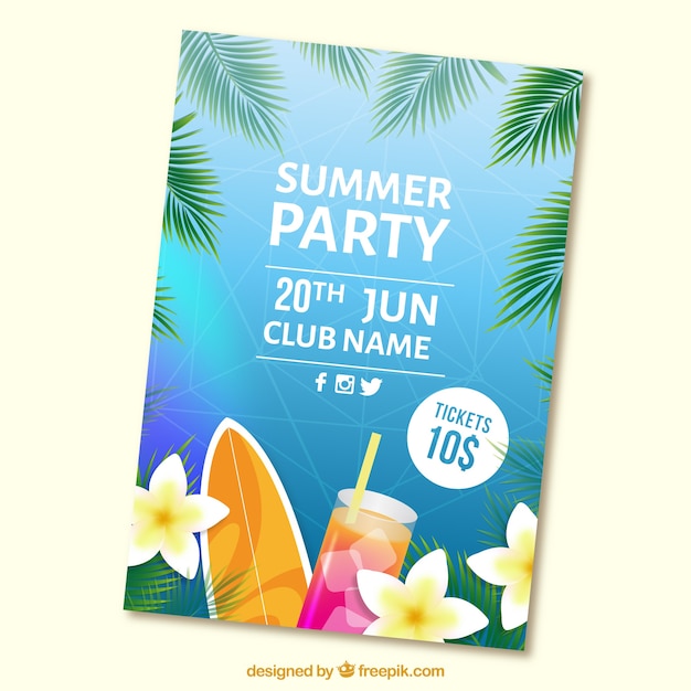 Sommer-party-broschüre mit cocktail und surfbrett