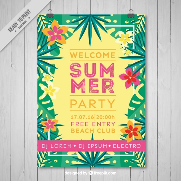 Sommer-party-flyer mit tropischen blumen