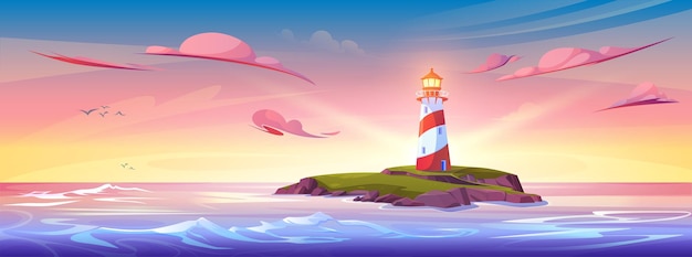 Kostenloser Vektor sommer-sonnenuntergang oder sonnenaufgang cartoon-landschaft mit leuchtturm an der felsigen küste der insel im ozean oder meer gelb und rosa gradient himmel vektor panorama-illustration mit licht leuchtturm auf der klippe