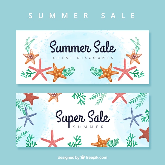 Sommer-verkaufs-banner mit seesternen aquarell