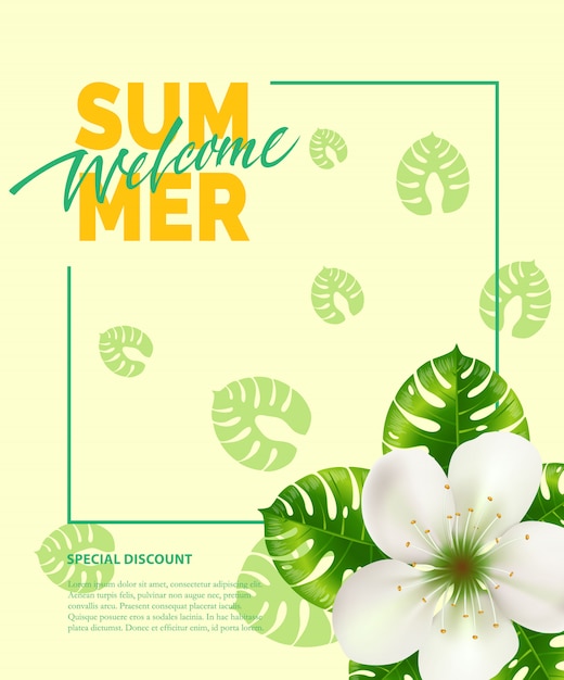 Sommer, willkommensbeschriftung im rahmen mit blume. sommerangebot oder verkaufswerbung