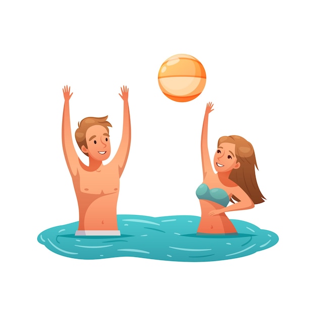Sommeraktivitätssymbol mit zwei leuten, die mit ball im wasserkarikatur spielen