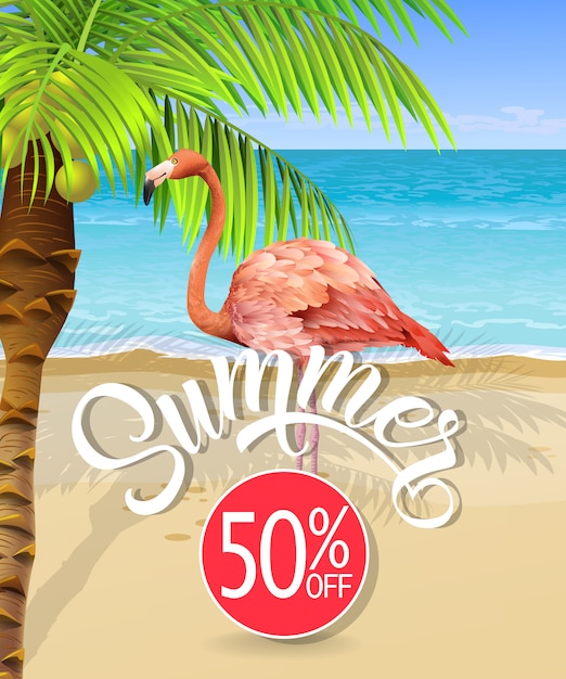 Sommerbeschriftung mit seestrand und palme und flamingo. sommerangebot