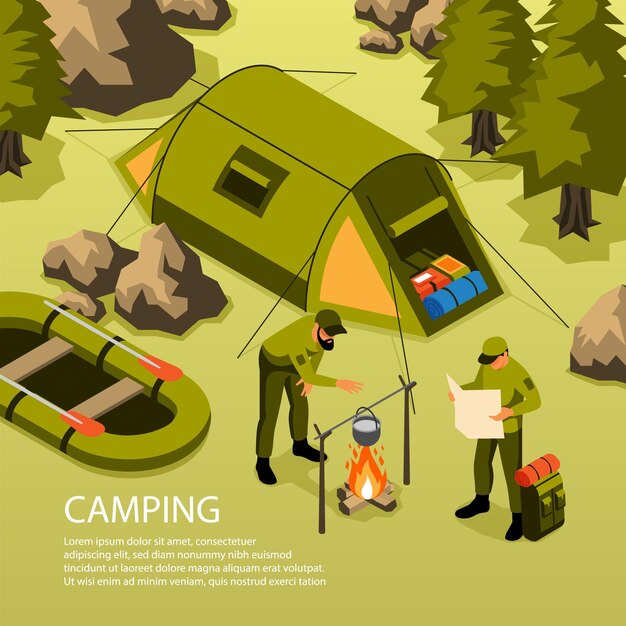 Sommerferien Camping Überlebensreise Abenteuer isometrische Zusammensetzung mit Zeltboot Lagerfeuer Kochen im Wald