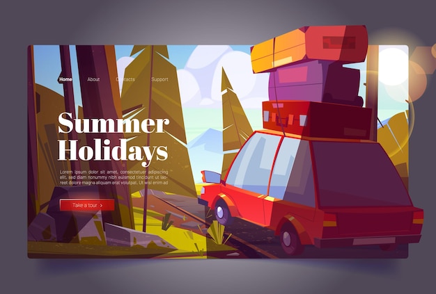 Sommerferien Cartoon Landing Page Autoreise Waldreise auf Urlaubsreise mit dem Auto mit Taschen auf dem Dach auf der Landstraße mit Bäumen rund um die Tour Familiencamping