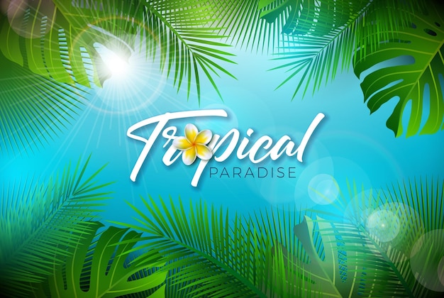 Sommerferiendesign mit Sonnenbrille und tropischer Blume und Palmblatt auf blauem Hintergrund