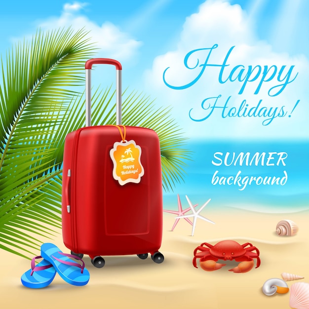 Sommerferienhintergrund mit realistischem Koffer auf tropischem Strand