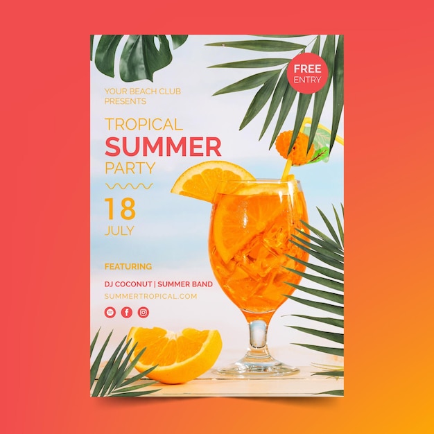Kostenloser Vektor sommerfest flyer vorlage mit cocktail