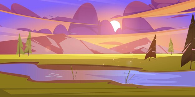 Sommerlandschaft mit Pinien und Wasserstrom im Bergtal bei Sonnenuntergang. Vektorkarikaturillustration der Naturszene mit grüner Wiese, Bach und Felsen am Horizont am Abend