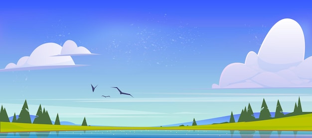 Sommernaturlandschaft, Landschaftstal mit See, Bergen, grünem Feld und Nadelbäumen. Teich und Fichten unter blauem Himmel mit flauschigen Wolken und fliegenden Vögeln, Cartoon-Parallax-Vektorhintergrund
