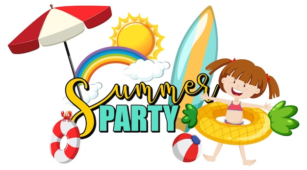 Sommerparty-Text mit einem Mädchen-Cartoon-Charakter und Strandartikeln isoliert