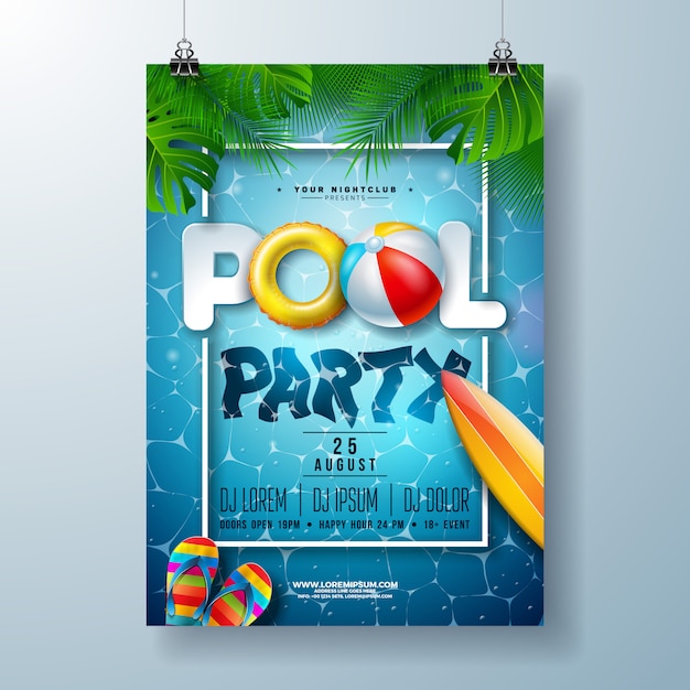 Sommerpoolparty-Plakatschablone mit Palmblättern und Wasserball