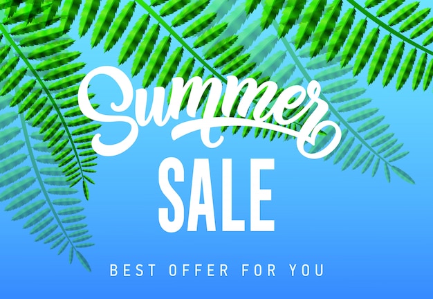 Sommerschlussverkauf, bestes Angebot für Sie Saisonfahne mit tropischen Blättern auf Himmelblauhintergrund