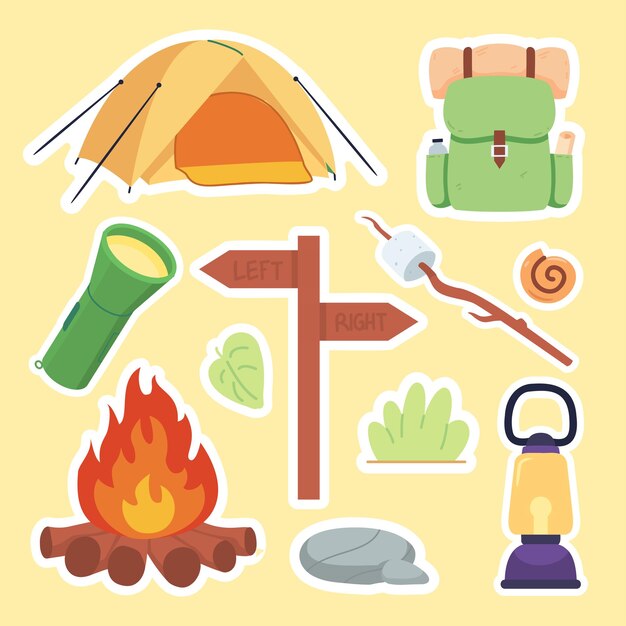 Sommerurlaub Reisen und Camping Elemente Bunte touristische Objekte wie Zelt Rucksack Taschenlampe Wegweiser Marshmallow Schalentiere Lagerfeuer Felsen Pflanzen Laternen Zweige Schlafsäcke