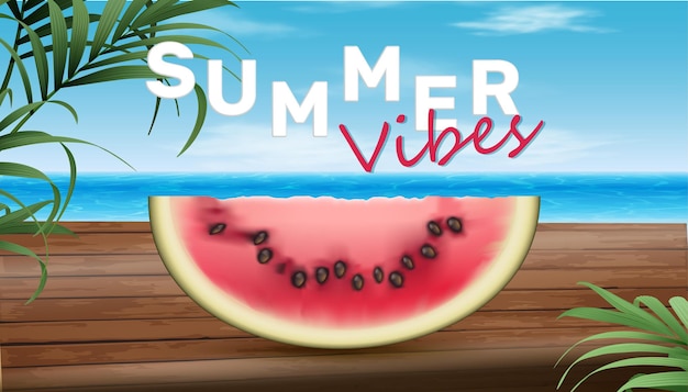 Sommerverkaufsbanner mit großem stück wassermelone auf holz mit meerblick