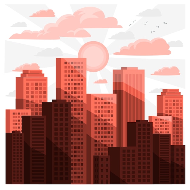 Kostenloser Vektor sonnenaufgang über stadtkonzept-illustration