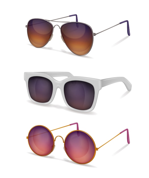 Sonnenbrille realistisches Set mit verschiedenen Modellen von Sonnenbrillen mit Metall- und Kunststoffrahmen mit Schatten