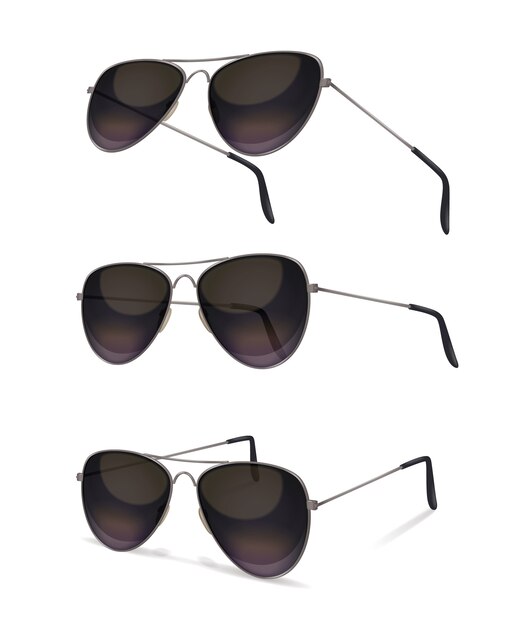 Sonnenbrillen mit realistischen Bildern von Pilotenbrillen aus verschiedenen Winkeln mit Schatten auf leerem Hintergrund