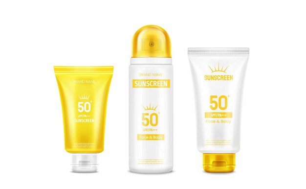 Sonnencreme-Flasche und -Röhre mit gelber Kappe