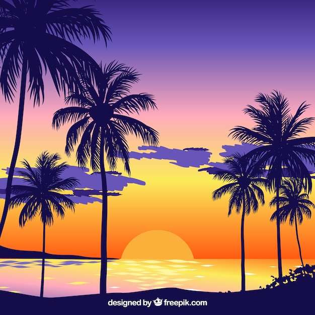 Kostenloser Vektor sonnenuntergang hintergrund am strand mit palmen