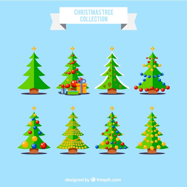 Sortiment von Weihnachtsbäumen in flachen Design dekoriert