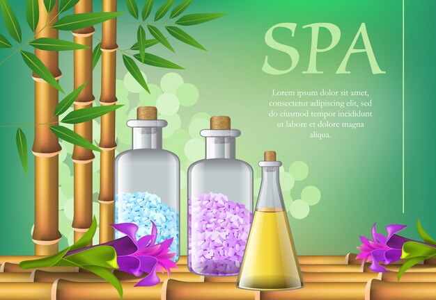 Spa-Schriftzug, Flaschen und Blumen. Spa-Salon Werbeplakat