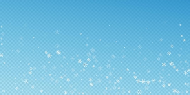 Spärlicher schneefall weihnachtshintergrund. subtile fliegende schneeflocken und sterne auf blauem transparentem hintergrund. authentische winter-silber-schneeflocken-overlay-vorlage. außergewöhnliche vektorillustration.
