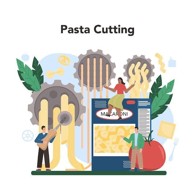 Spaghetti- oder pasta-produktionsindustrie italienische halbverarbeitete lebensmittelherstellung makkaroni schneiden isolierte vektorillustration im cartoon-stil