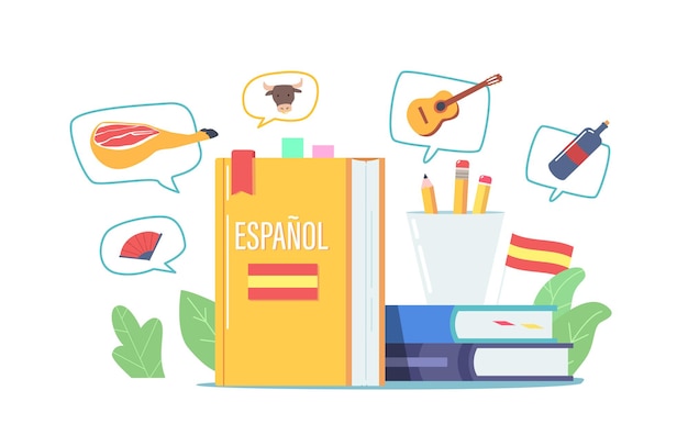 Spanisch lernen, spanisch fremdsprachenkonzept mit lehrbüchern und schreibwaren. kurse, klassen, webinar, online-bildung, fernunterricht, schulungsworkshop. cartoon-vektor-illustration