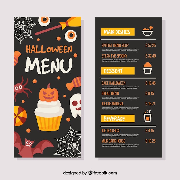 Spaß halloween-menü mit flachem design