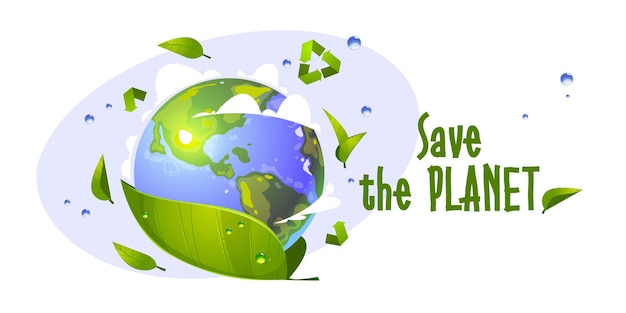 Speichern Sie den Planeten-Cartoon mit Erdkugel, grünen Blättern, Wassertropfen und Recycling-Symbol.